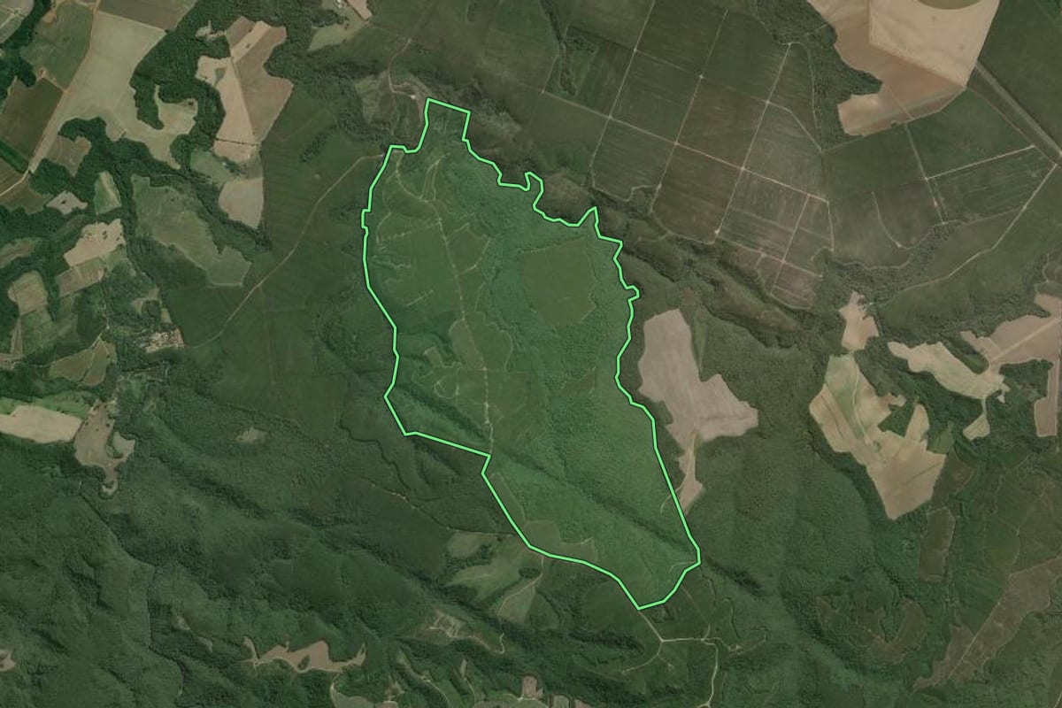 Imagem de satélite do imóvel rural em Capão Bonito (SP), com o contorno declarado no CAR desenhado por cima.