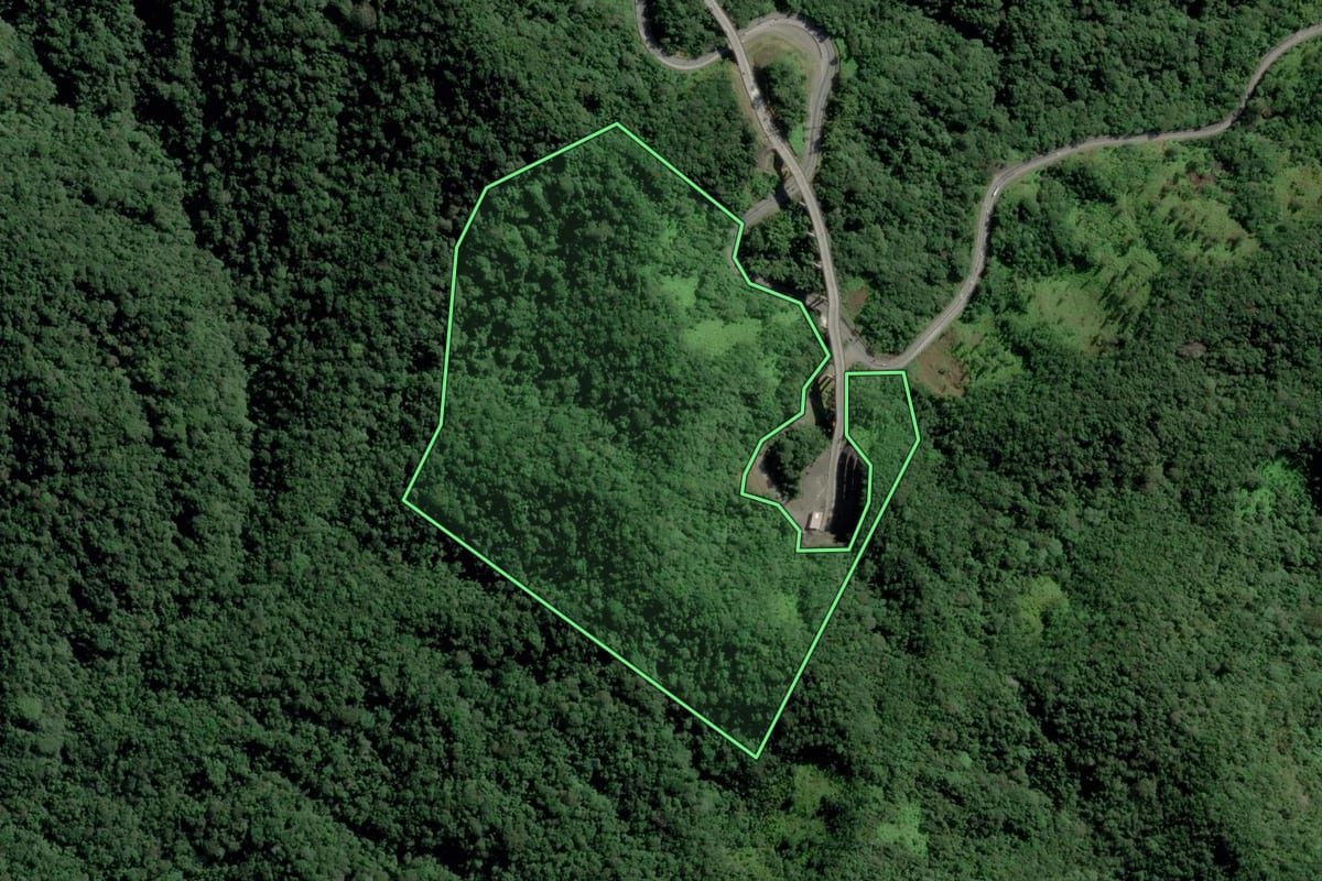Imagem de satélite do imóvel rural em Caraguatatuba (SP), com o contorno declarado no CAR desenhado por cima.