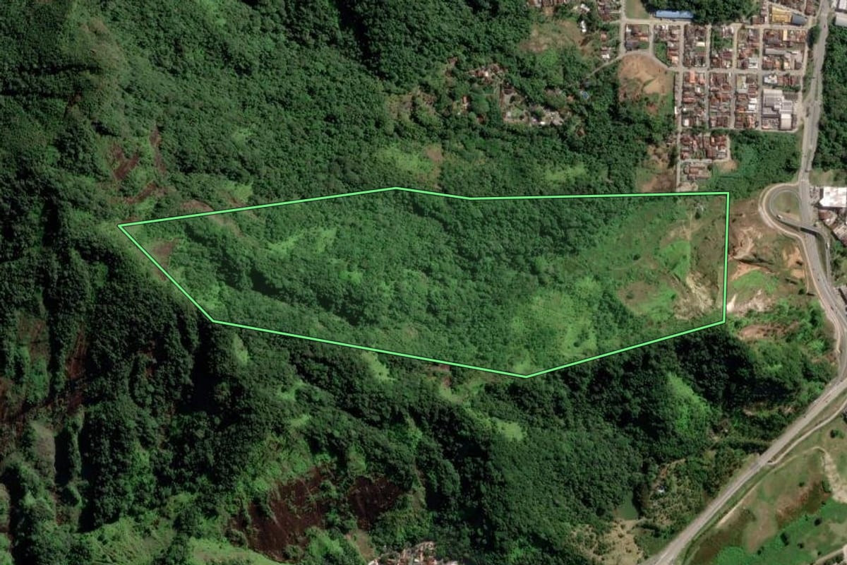 Imagem de satélite do imóvel rural em Caraguatatuba (SP), com o contorno declarado no CAR desenhado por cima.