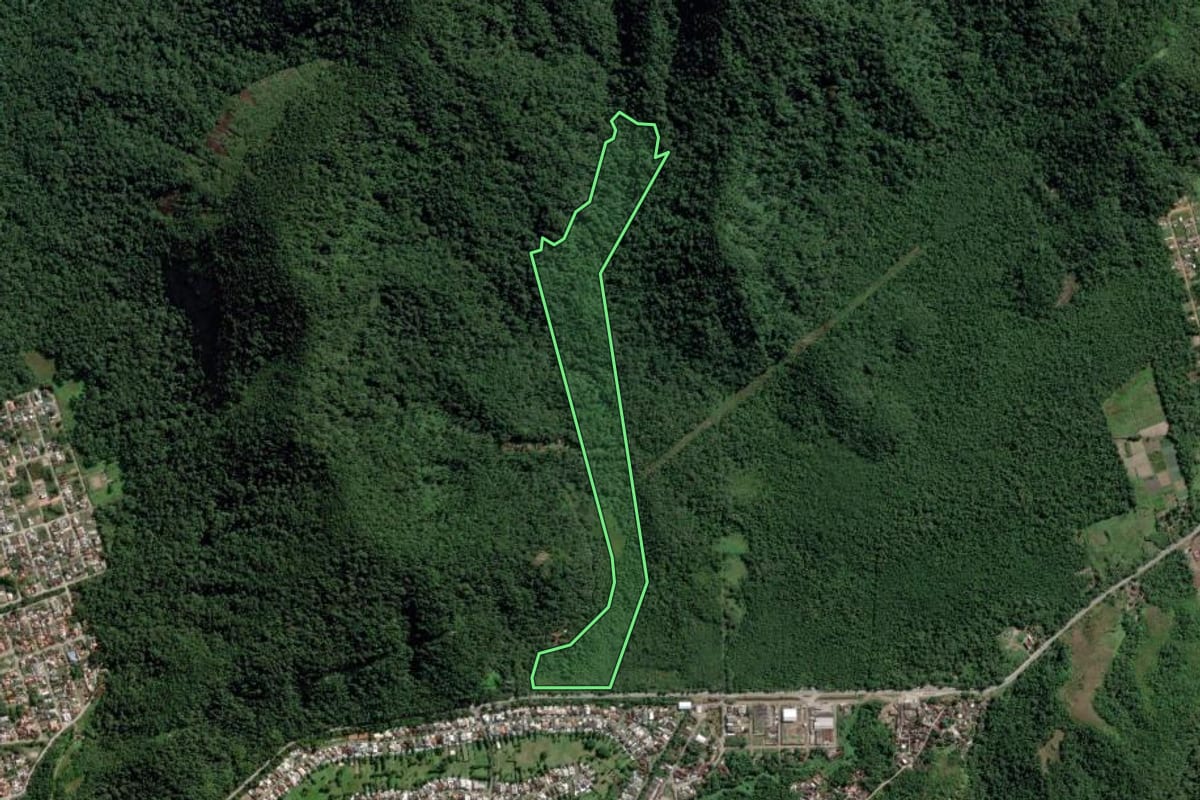 Imagem de satélite do imóvel rural em Caraguatatuba (SP), com o contorno declarado no CAR desenhado por cima.