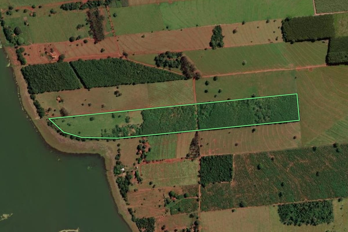 Imagem de satélite do imóvel rural em Cardoso (SP), com o contorno declarado no CAR desenhado por cima.