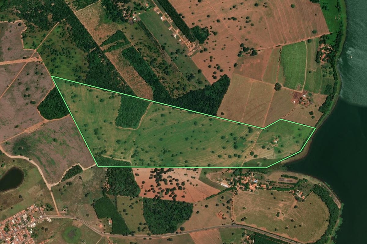 Imagem de satélite do imóvel rural em Cardoso (SP), com o contorno declarado no CAR desenhado por cima.