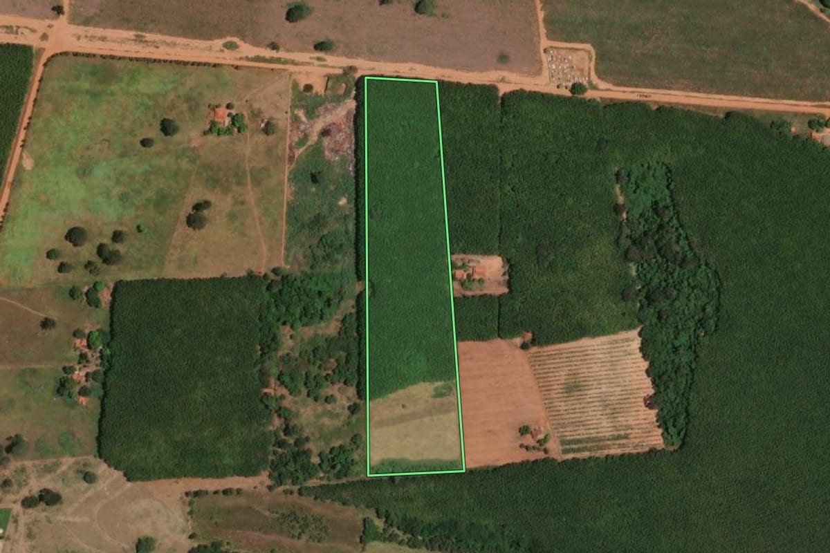 Imagem de satélite do imóvel rural em Cardoso (SP), com o contorno declarado no CAR desenhado por cima.