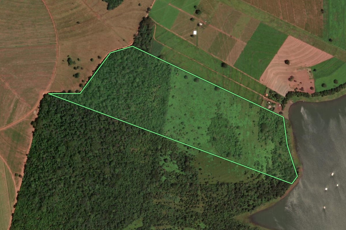 Imagem de satélite do imóvel rural em Cardoso (SP), com o contorno declarado no CAR desenhado por cima.