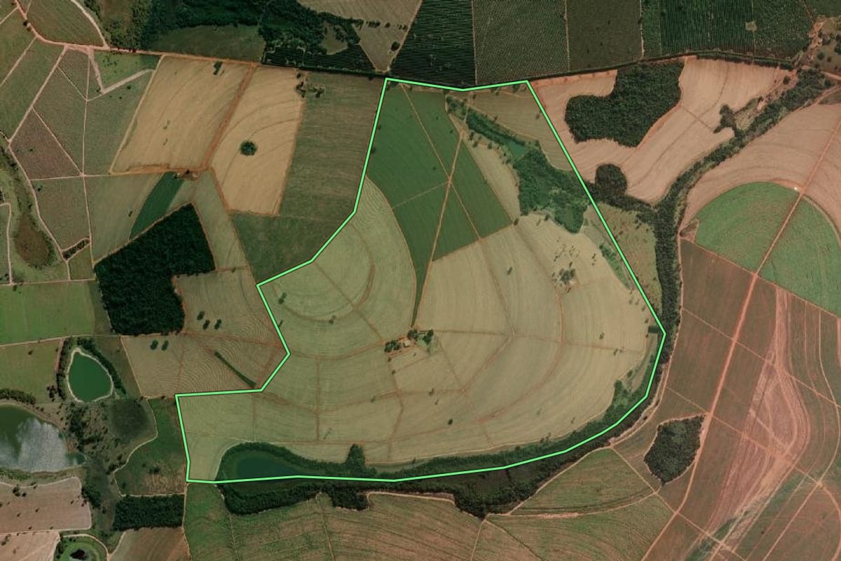 Imagem de satélite do imóvel rural em Cardoso (SP), com o contorno declarado no CAR desenhado por cima.