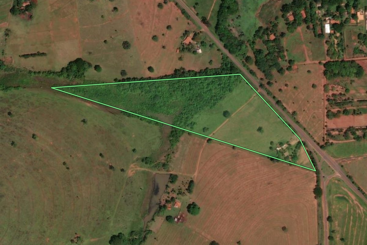Imagem de satélite do imóvel rural em Cardoso (SP), com o contorno declarado no CAR desenhado por cima.