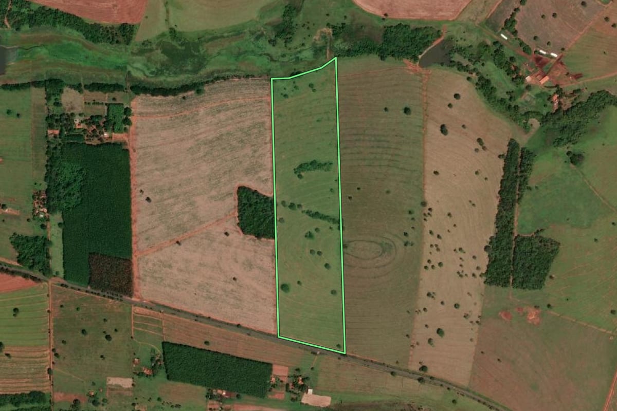 Imagem de satélite do imóvel rural em Cardoso (SP), com o contorno declarado no CAR desenhado por cima.