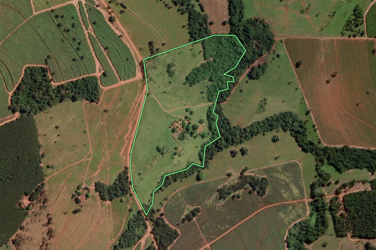 Imagem de satélite do imóvel rural em Cardoso (SP), com o contorno declarado no CAR desenhado por cima.
