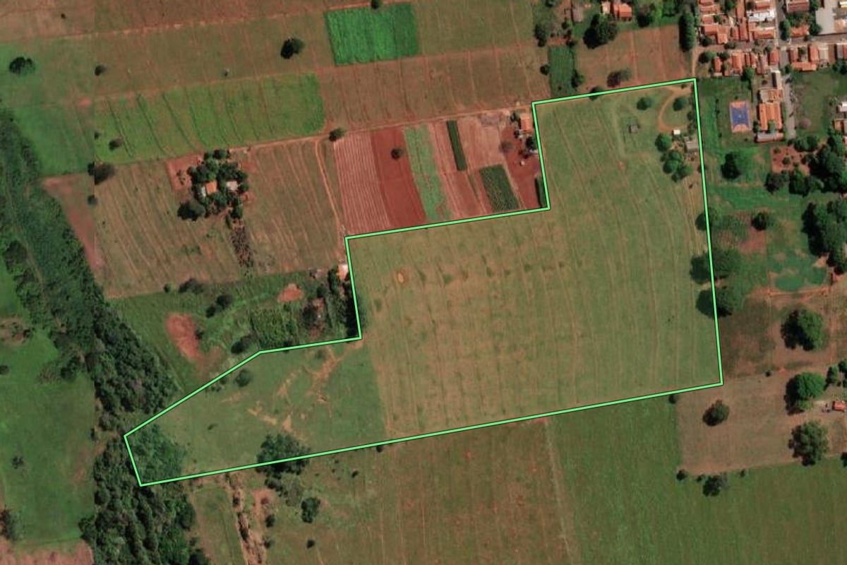 Imagem de satélite do imóvel rural em Cardoso (SP), com o contorno declarado no CAR desenhado por cima.