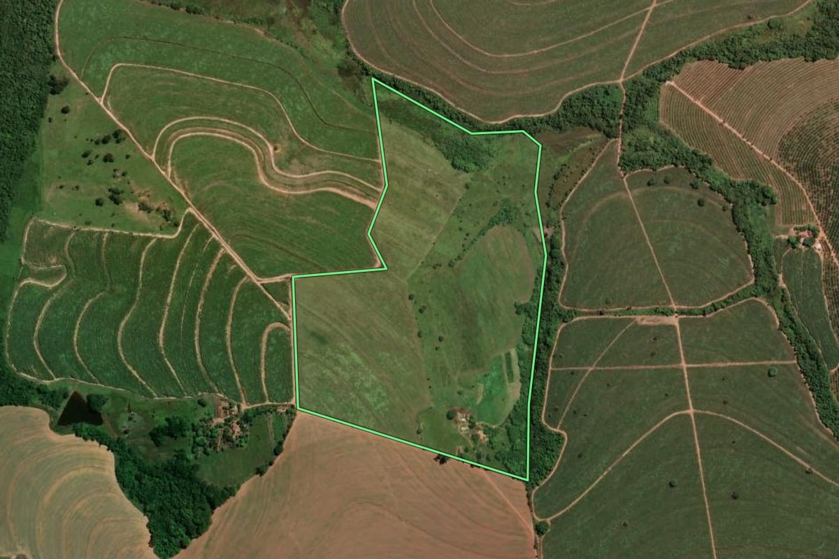 Imagem de satélite do imóvel rural em Casa Branca (SP), com o contorno declarado no CAR desenhado por cima.