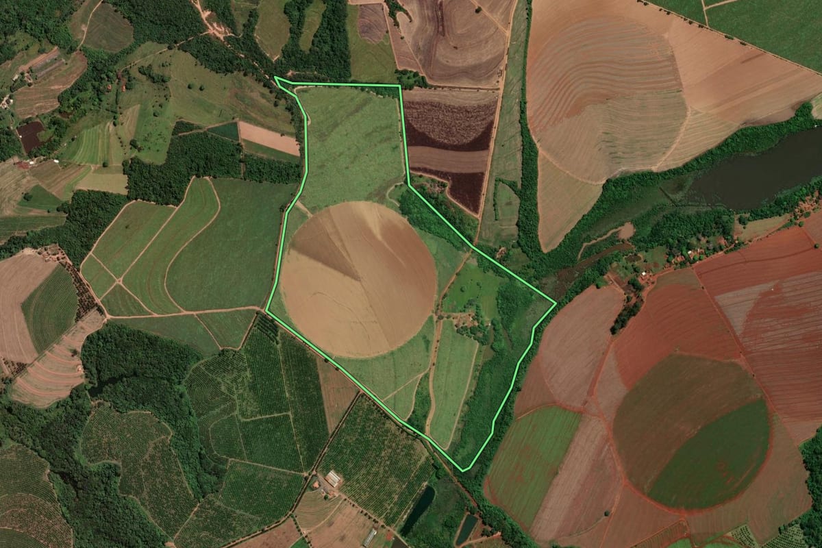 Imagem de satélite do imóvel rural em Casa Branca (SP), com o contorno declarado no CAR desenhado por cima.