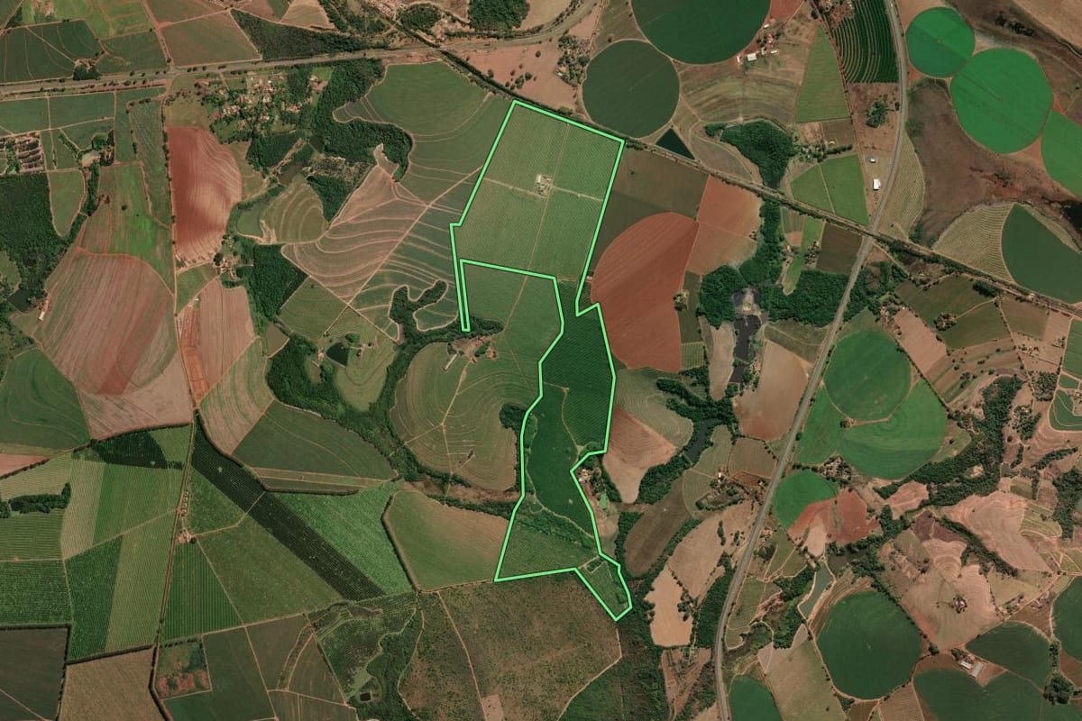 Imagem de satélite do imóvel rural em Casa Branca (SP), com o contorno declarado no CAR desenhado por cima.