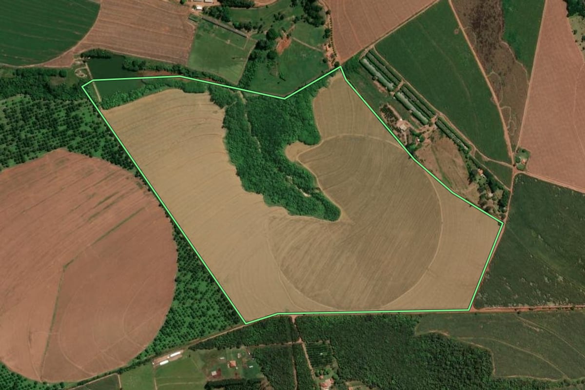 Imagem de satélite do imóvel rural em Casa Branca (SP), com o contorno declarado no CAR desenhado por cima.