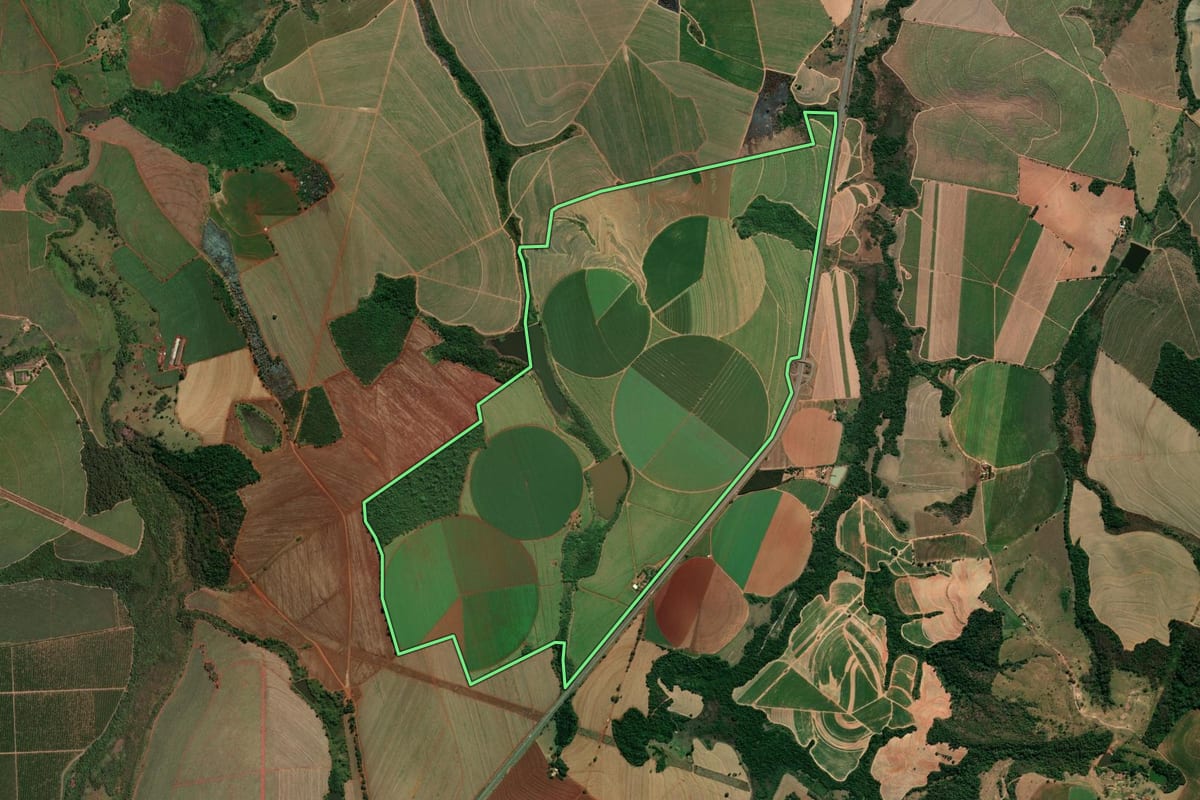 Imagem de satélite do imóvel rural em Casa Branca (SP), com o contorno declarado no CAR desenhado por cima.
