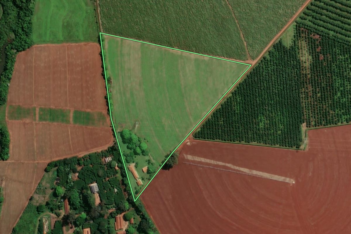 Imagem de satélite do imóvel rural em Casa Branca (SP), com o contorno declarado no CAR desenhado por cima.
