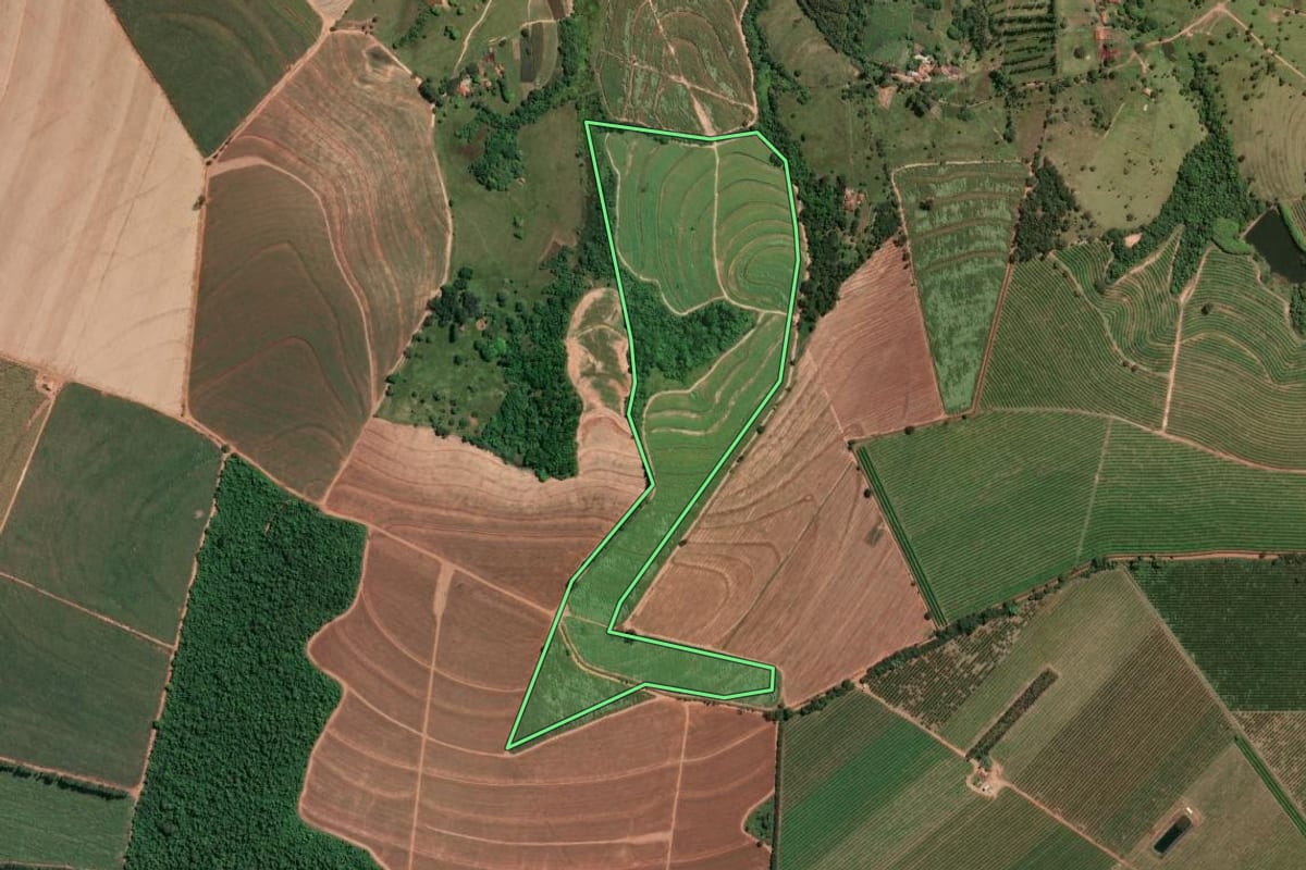 Imagem de satélite do imóvel rural em Casa Branca (SP), com o contorno declarado no CAR desenhado por cima.