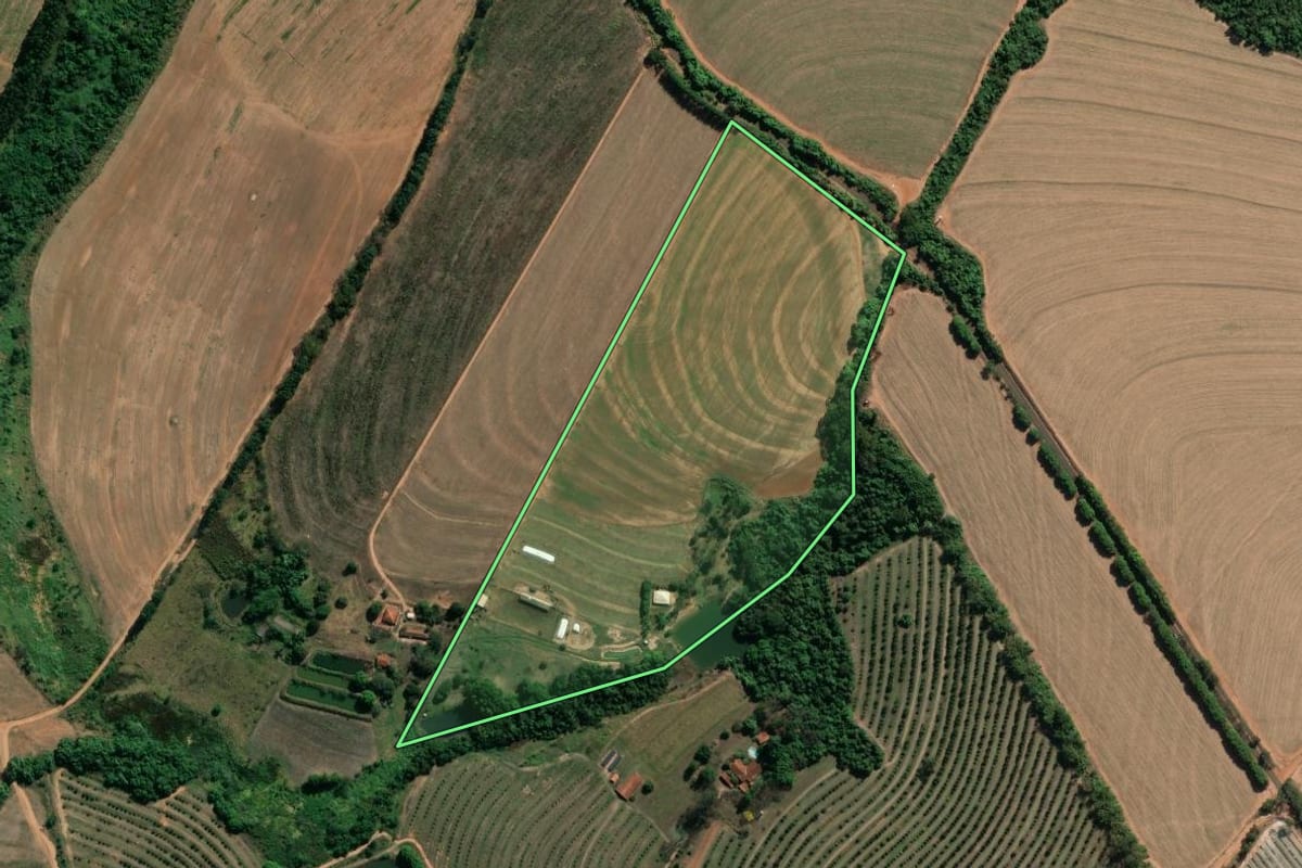 Imagem de satélite do imóvel rural em Casa Branca (SP), com o contorno declarado no CAR desenhado por cima.