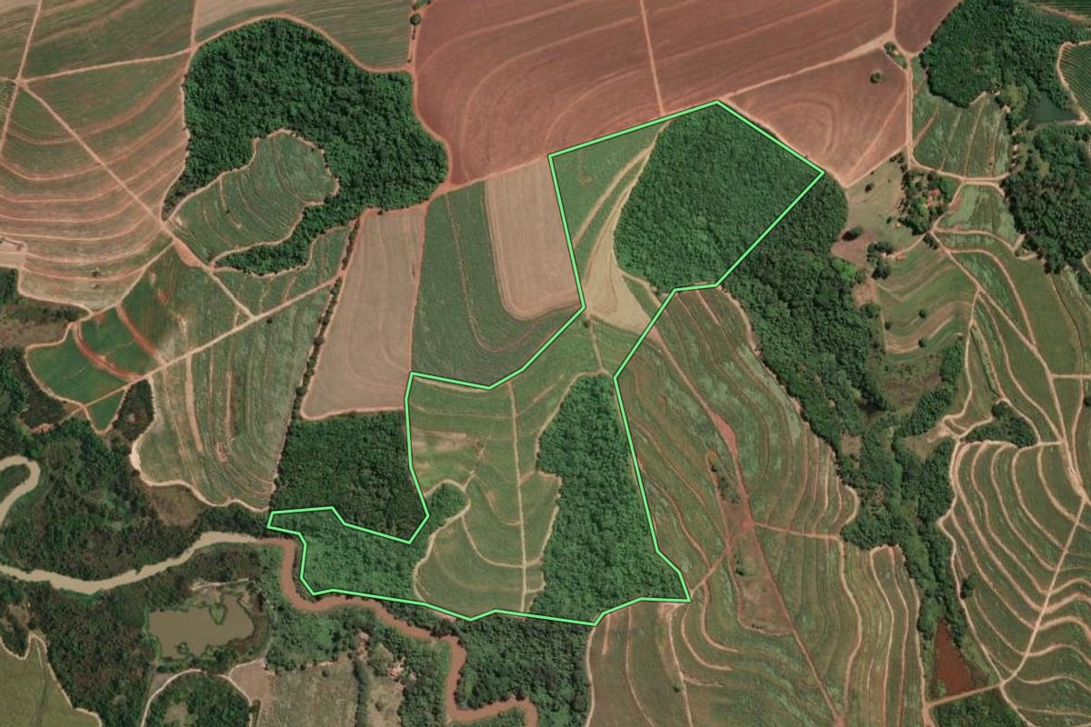 Imagem de satélite do imóvel rural em Casa Branca (SP), com o contorno declarado no CAR desenhado por cima.
