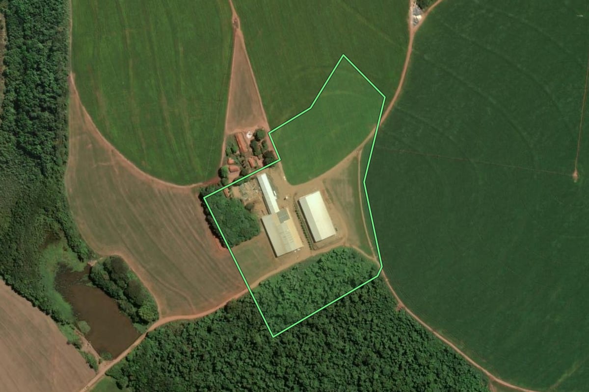Imagem de satélite do imóvel rural em Casa Branca (SP), com o contorno declarado no CAR desenhado por cima.