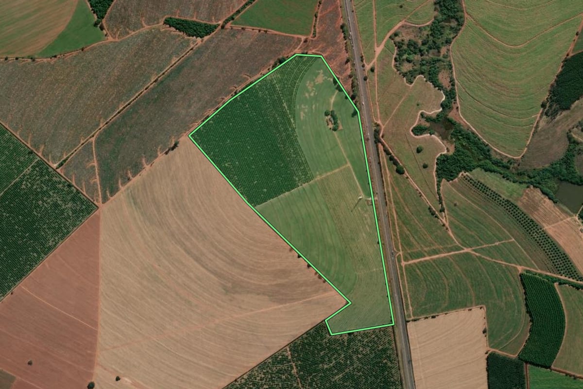 Imagem de satélite do imóvel rural em Casa Branca (SP), com o contorno declarado no CAR desenhado por cima.