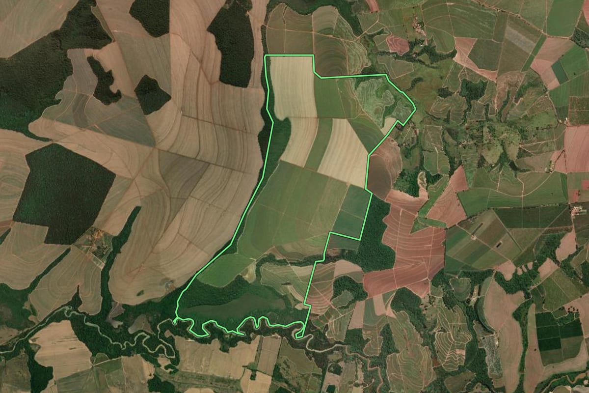 Imagem de satélite do imóvel rural em Casa Branca (SP), com o contorno declarado no CAR desenhado por cima.