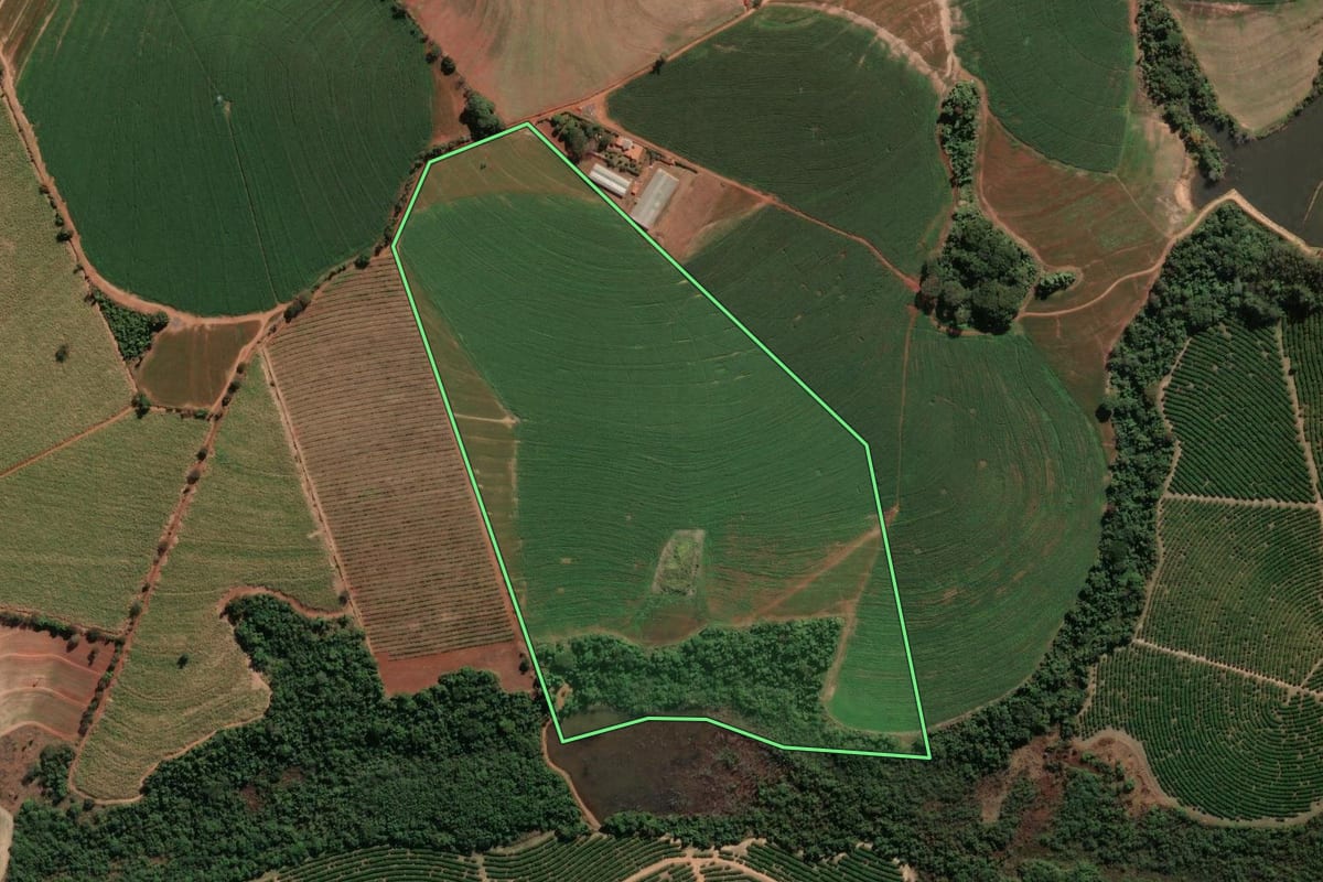 Imagem de satélite do imóvel rural em Casa Branca (SP), com o contorno declarado no CAR desenhado por cima.