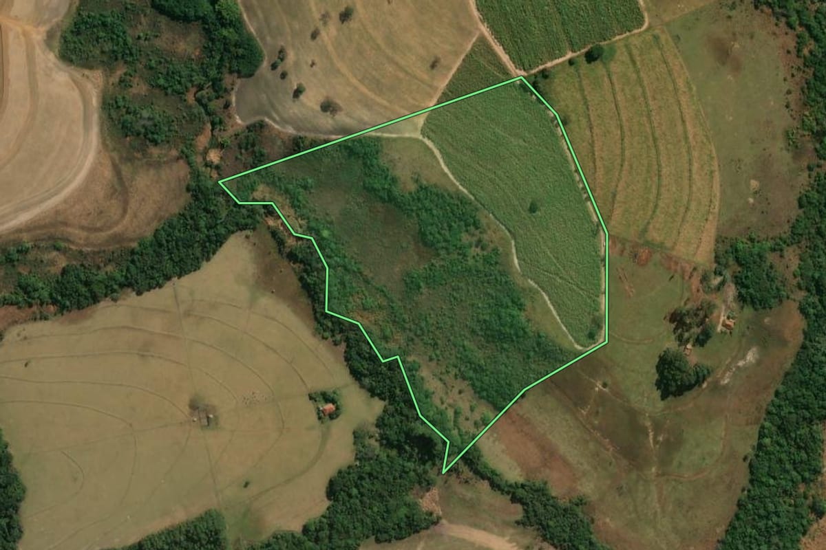 Imagem de satélite do imóvel rural em Cássia dos Coqueiros (SP), com o contorno declarado no CAR desenhado por cima.