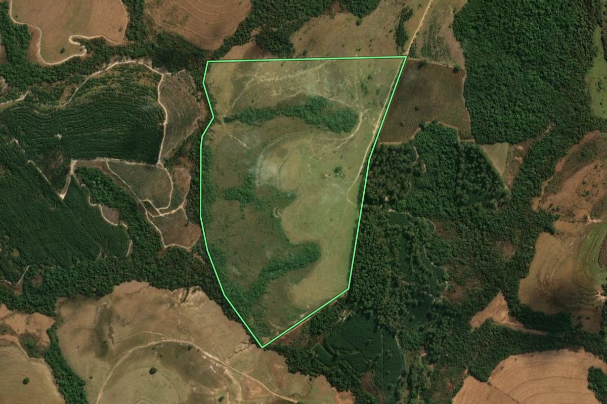 Imagem de satélite do imóvel rural em Cássia dos Coqueiros (SP), com o contorno declarado no CAR desenhado por cima.