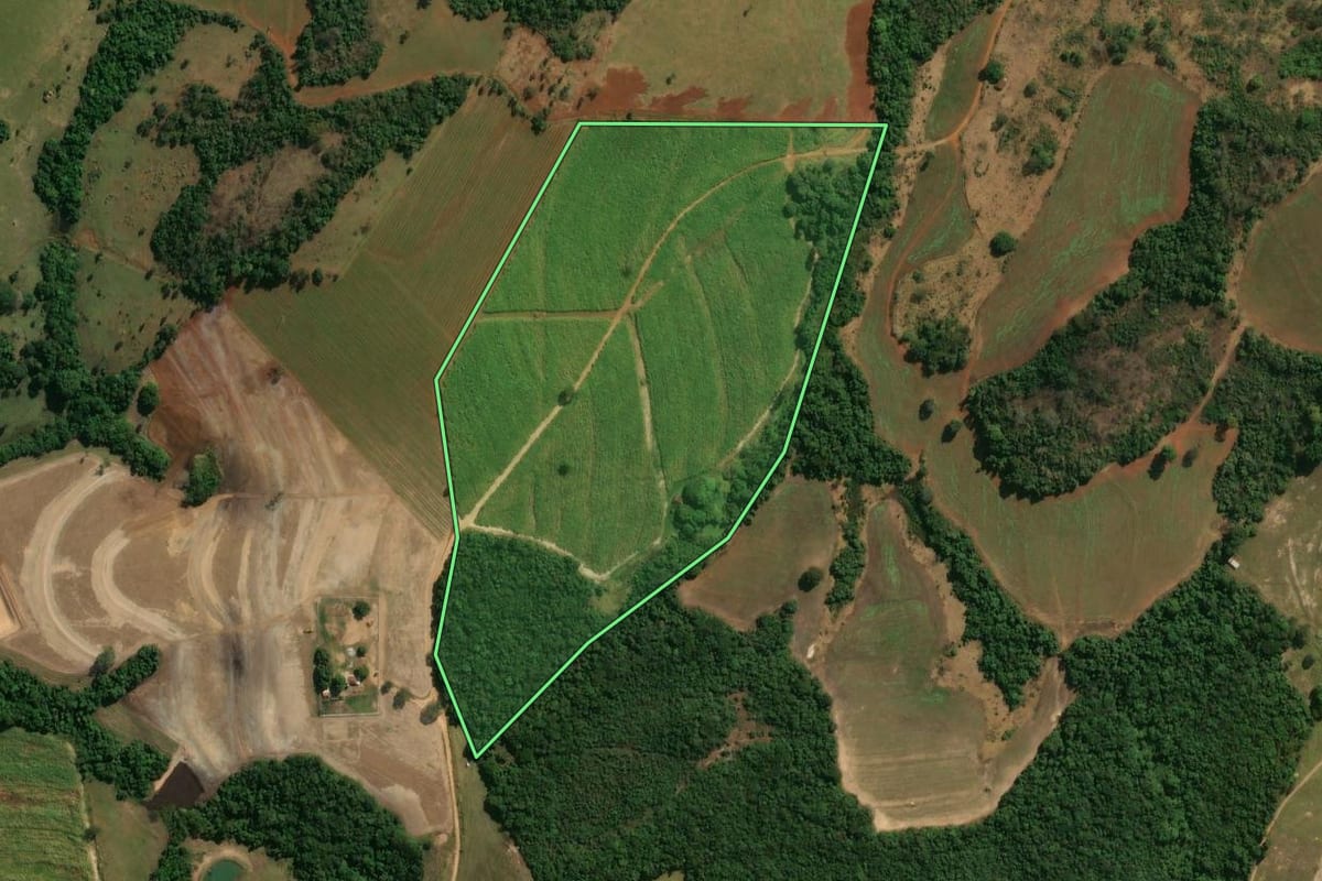 Imagem de satélite do imóvel rural em Cássia dos Coqueiros (SP), com o contorno declarado no CAR desenhado por cima.
