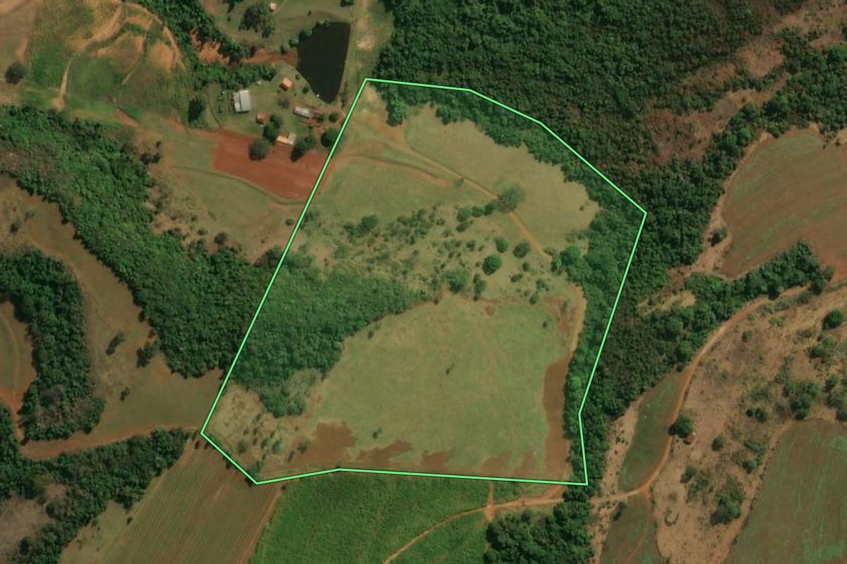 Imagem de satélite do imóvel rural em Cássia dos Coqueiros (SP), com o contorno declarado no CAR desenhado por cima.