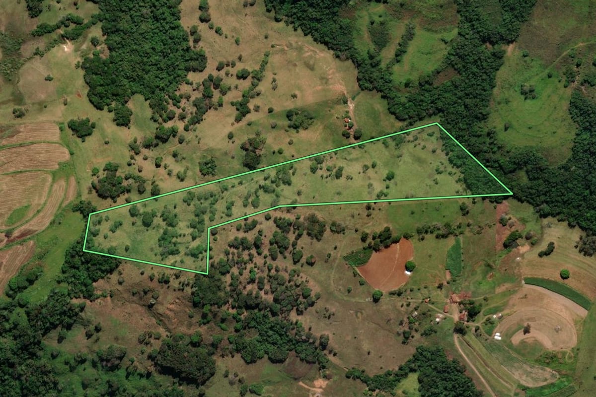 Imagem de satélite do imóvel rural em Cássia dos Coqueiros (SP), com o contorno declarado no CAR desenhado por cima.