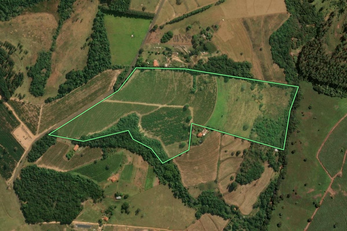 Imagem de satélite do imóvel rural em Cássia dos Coqueiros (SP), com o contorno declarado no CAR desenhado por cima.