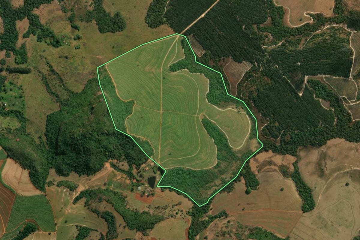 Imagem de satélite do imóvel rural em Cássia dos Coqueiros (SP), com o contorno declarado no CAR desenhado por cima.
