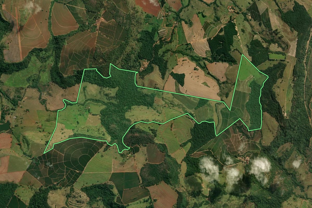 Imagem de satélite do imóvel rural em Cássia dos Coqueiros (SP), com o contorno declarado no CAR desenhado por cima.