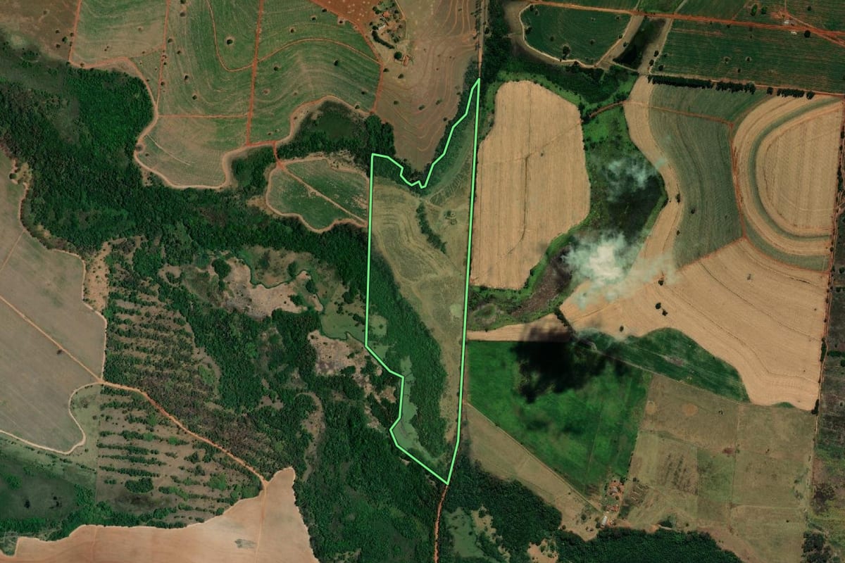 Imagem de satélite do imóvel rural em Castilho (SP), com o contorno declarado no CAR desenhado por cima.