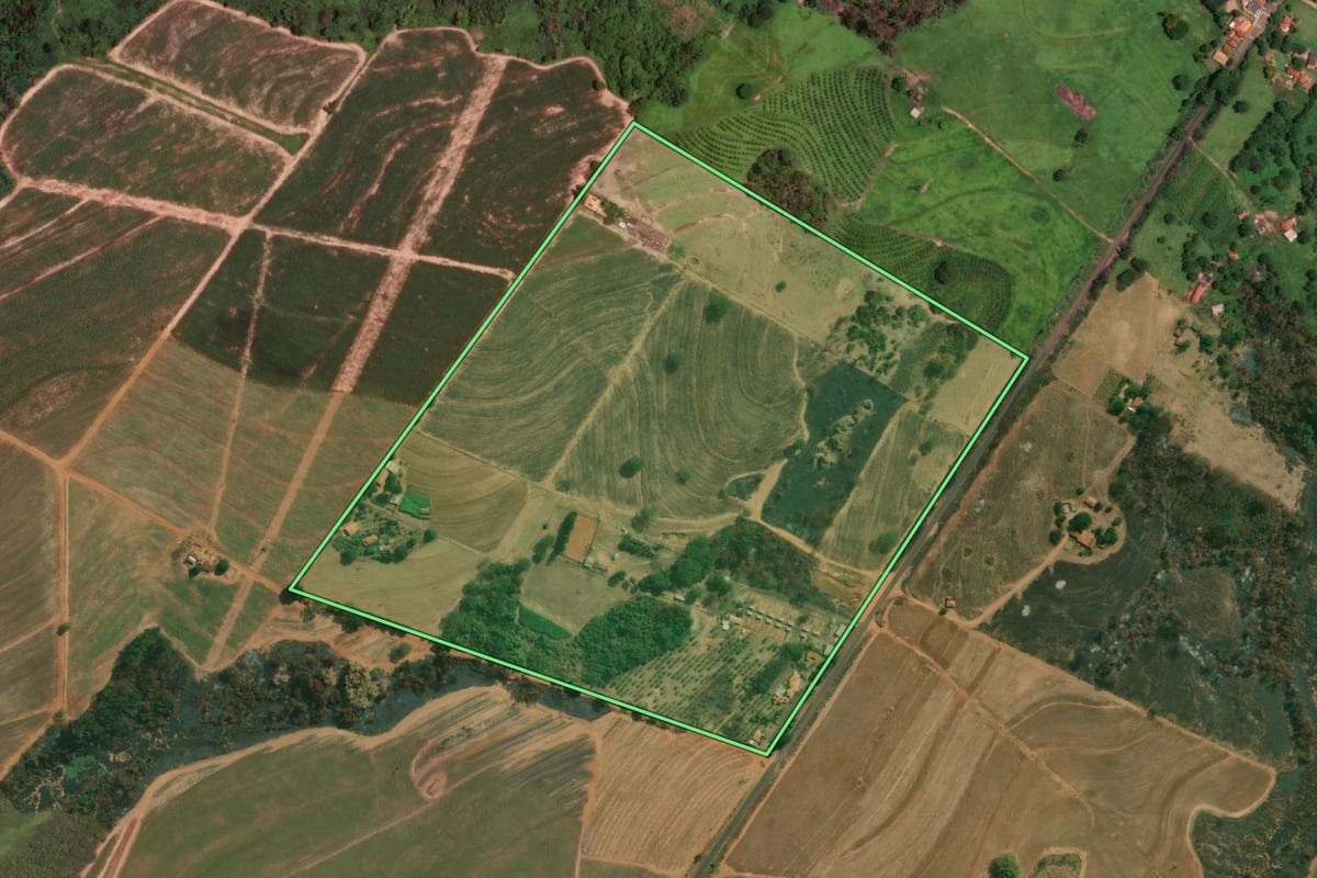 Imagem de satélite do imóvel rural em Catanduva (SP), com o contorno declarado no CAR desenhado por cima.