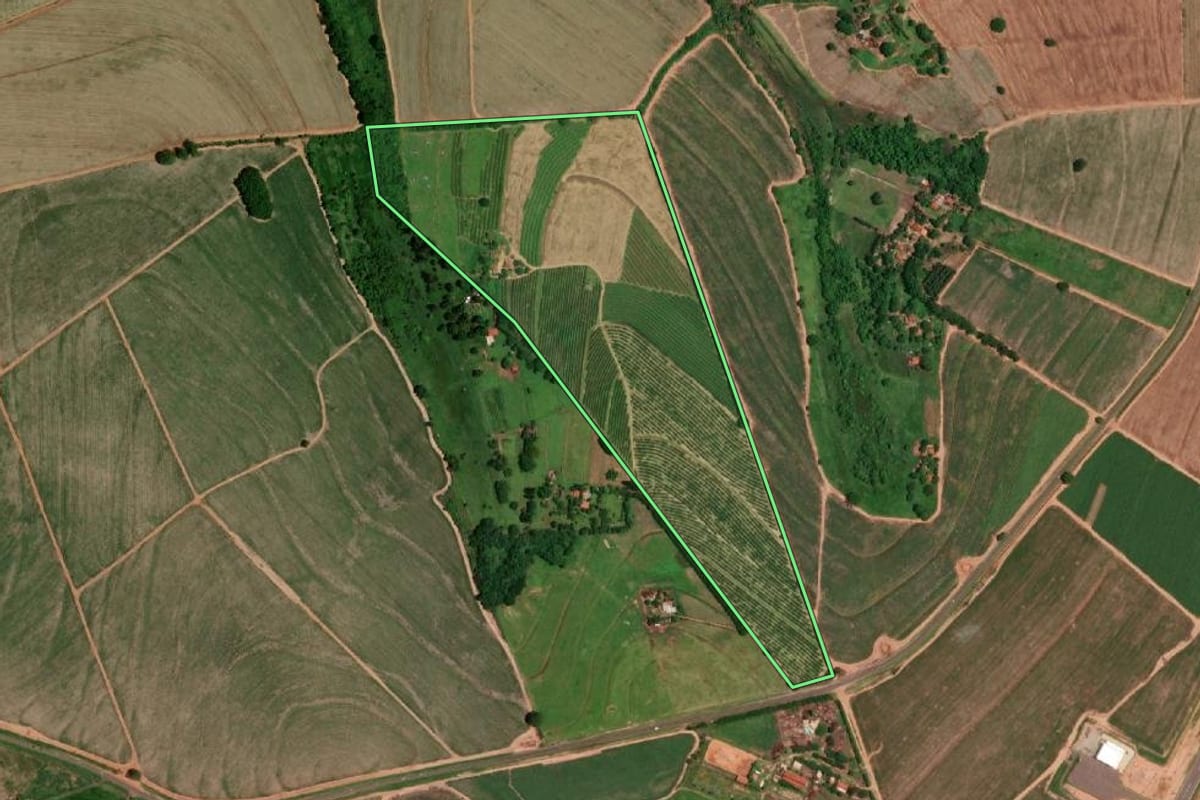 Imagem de satélite do imóvel rural em Catanduva (SP), com o contorno declarado no CAR desenhado por cima.
