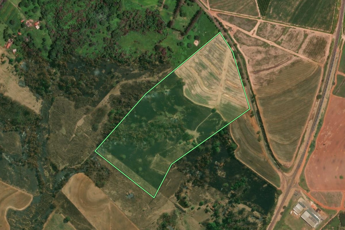Imagem de satélite do imóvel rural em Catanduva (SP), com o contorno declarado no CAR desenhado por cima.