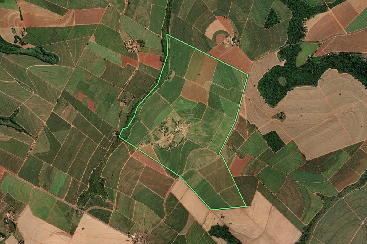 Imagem de satélite do imóvel rural em Catanduva (SP), com o contorno declarado no CAR desenhado por cima.