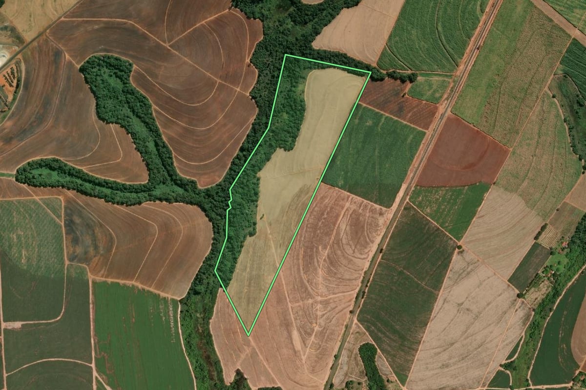 Imagem de satélite do imóvel rural em Catanduva (SP), com o contorno declarado no CAR desenhado por cima.