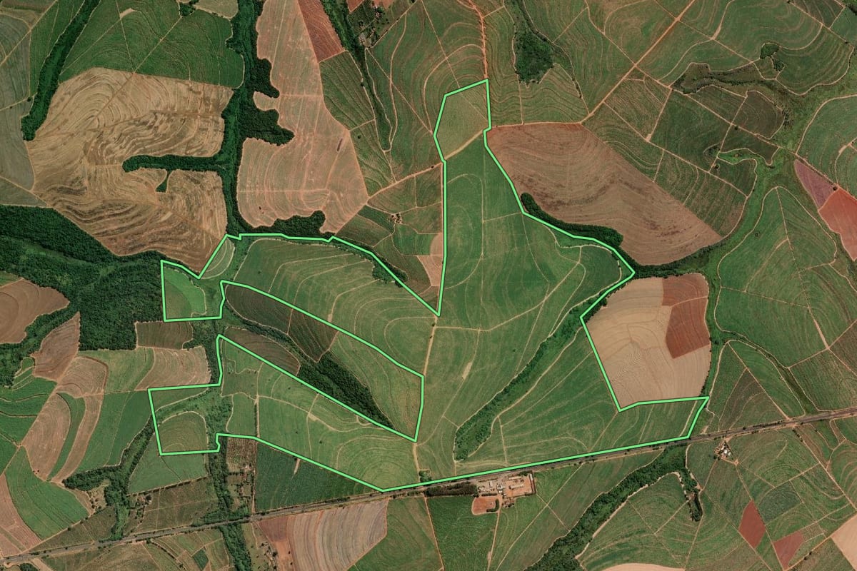 Imagem de satélite do imóvel rural em Catanduva (SP), com o contorno declarado no CAR desenhado por cima.