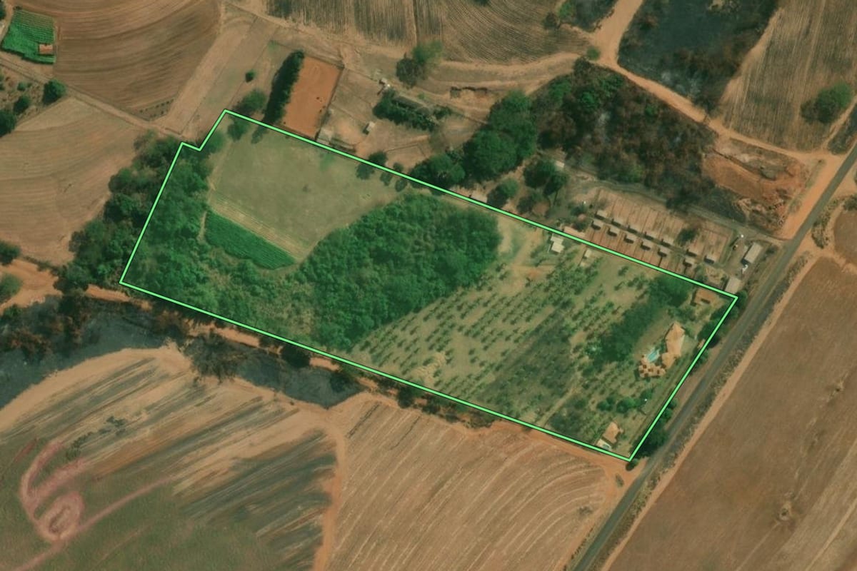 Imagem de satélite do imóvel rural em Catanduva (SP), com o contorno declarado no CAR desenhado por cima.