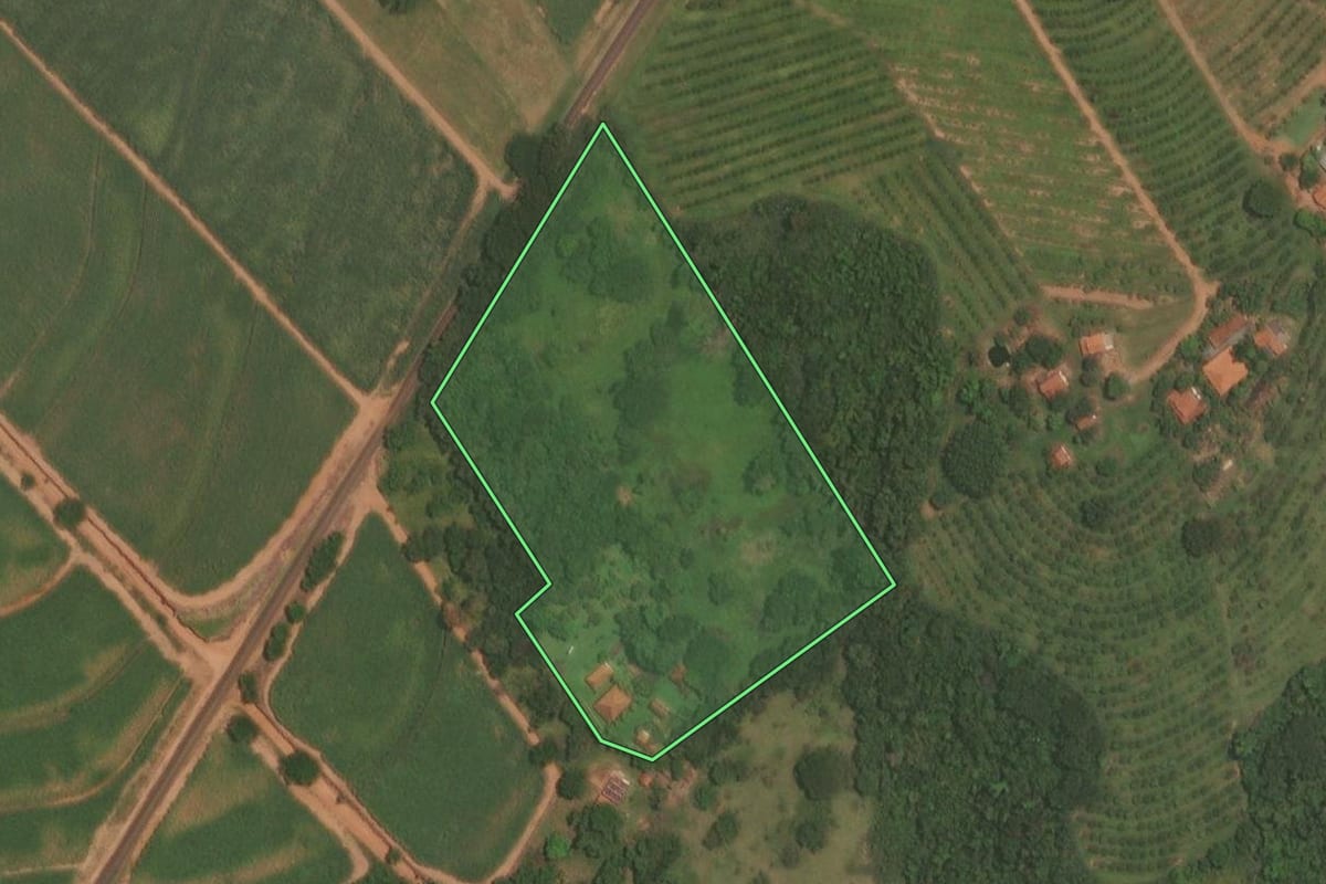 Imagem de satélite do imóvel rural em Catanduva (SP), com o contorno declarado no CAR desenhado por cima.