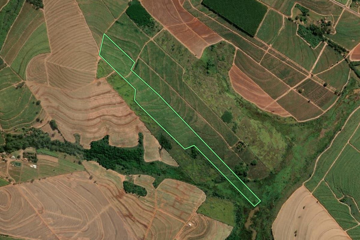 Imagem de satélite do imóvel rural em Catanduva (SP), com o contorno declarado no CAR desenhado por cima.
