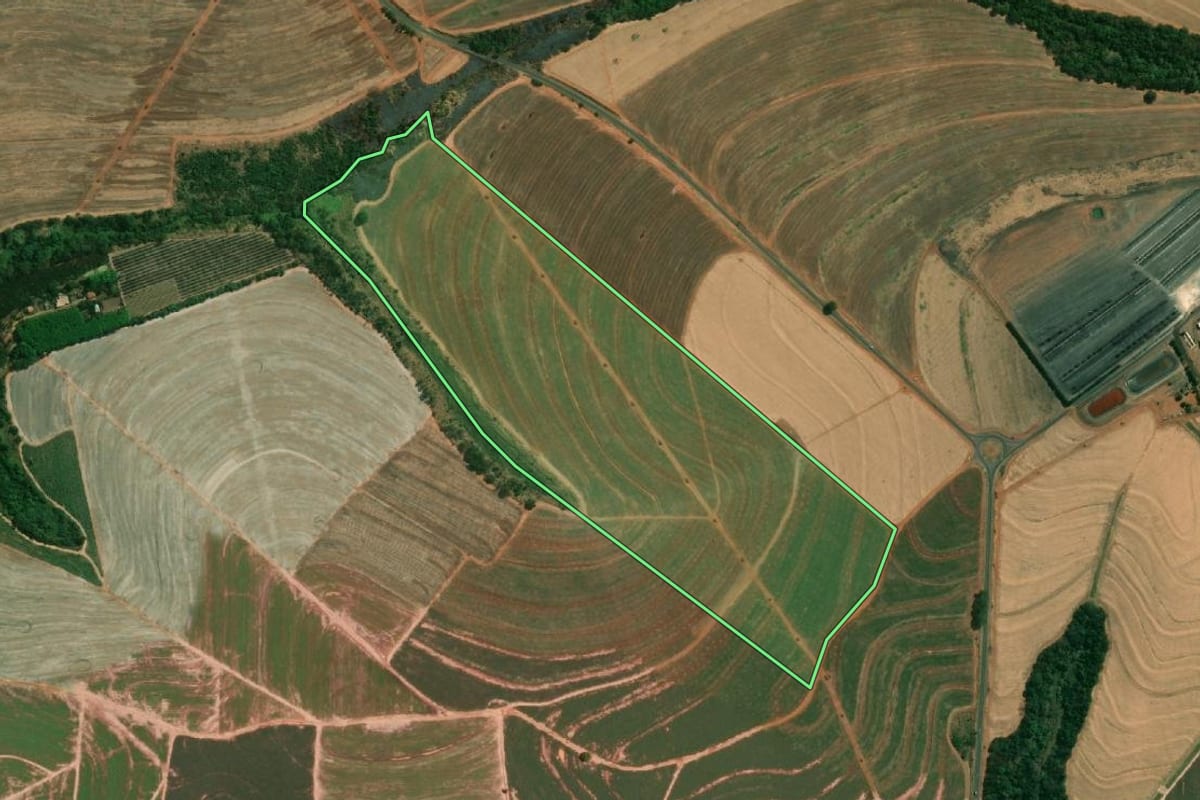Imagem de satélite do imóvel rural em Catiguá (SP), com o contorno declarado no CAR desenhado por cima.