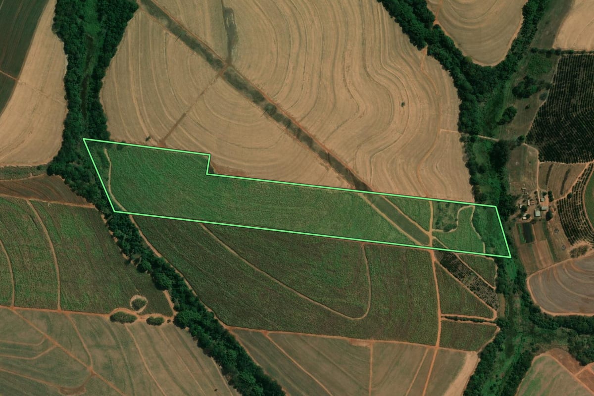 Imagem de satélite do imóvel rural em Catiguá (SP), com o contorno declarado no CAR desenhado por cima.