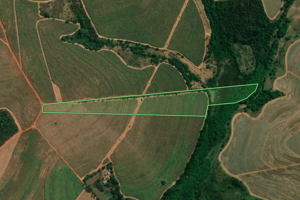 Imagem de satélite do imóvel rural em Catiguá (SP), com o contorno declarado no CAR desenhado por cima.