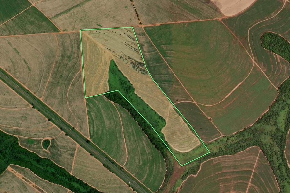Imagem de satélite do imóvel rural em Catiguá (SP), com o contorno declarado no CAR desenhado por cima.