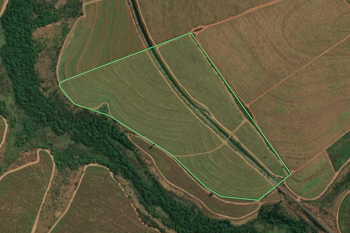 Imagem de satélite do imóvel rural em Catiguá (SP), com o contorno declarado no CAR desenhado por cima.