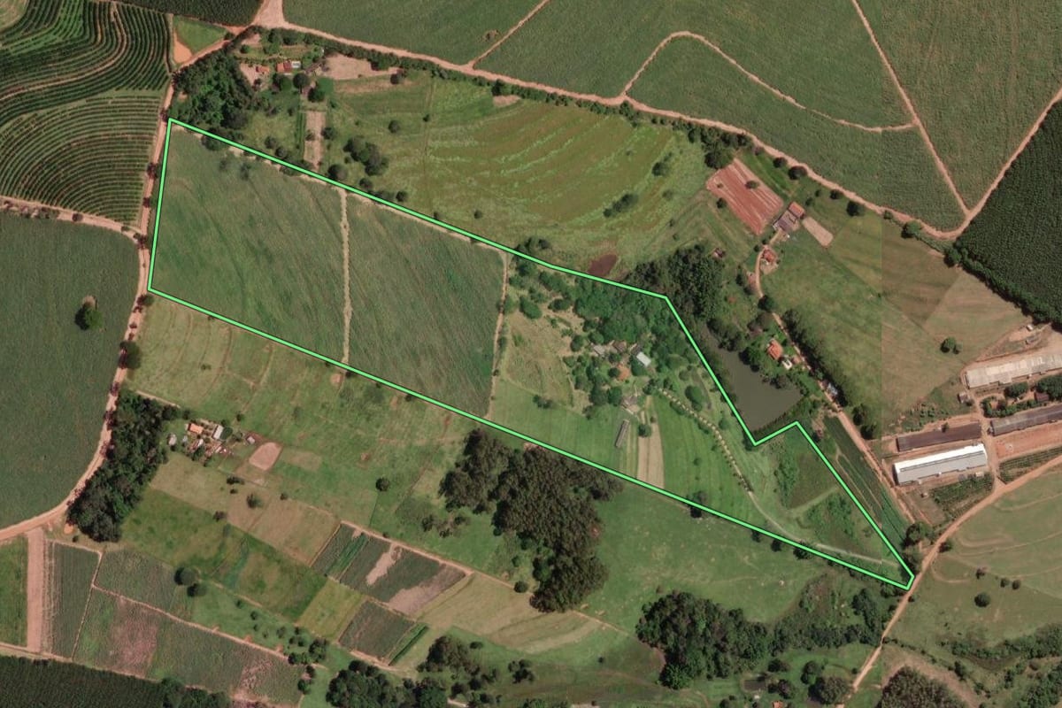 Imagem de satélite do imóvel rural em Cedral (SP), com o contorno declarado no CAR desenhado por cima.